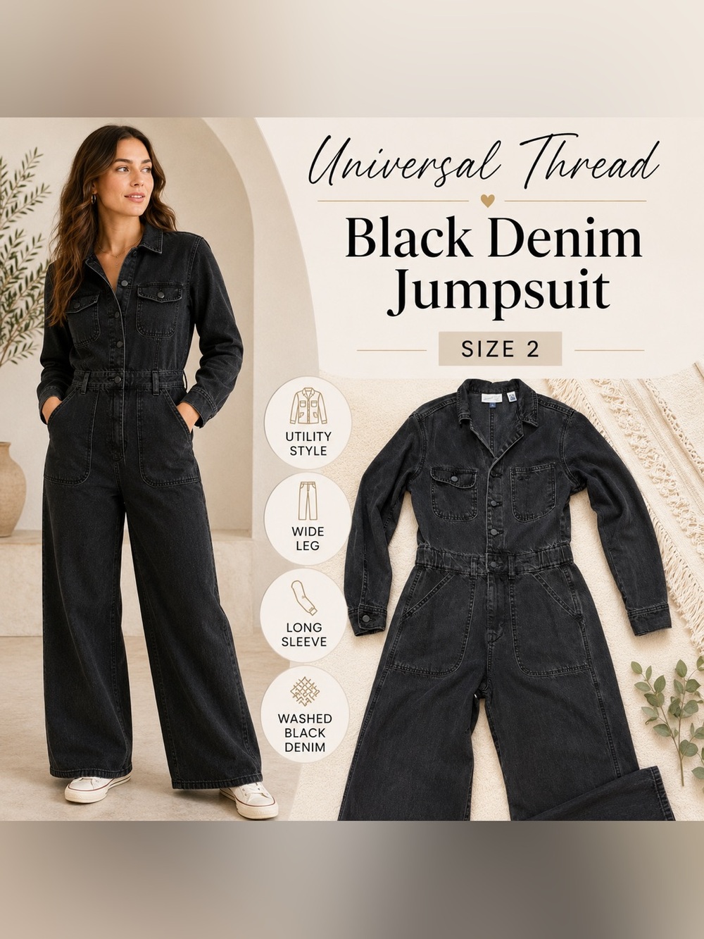 Universal Thread Black Denim Utility Jumpsuit Coverall Size 2
